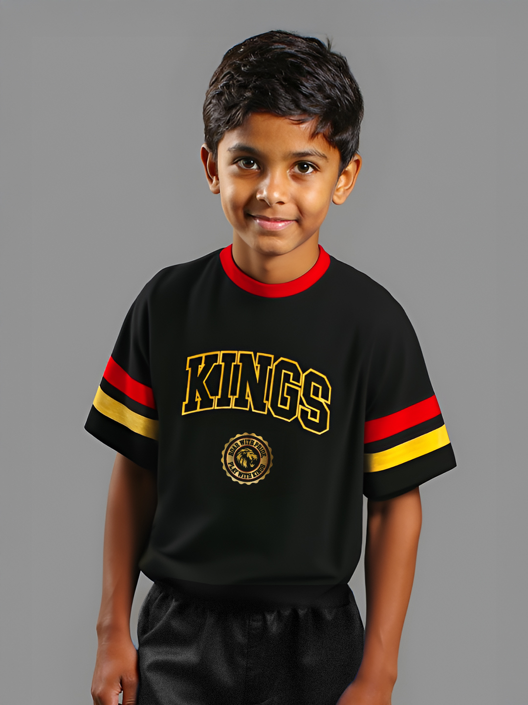 Kids Boys Black Typography Printed Half Sleeves Round Neck Oversized Cotton T-Shirt