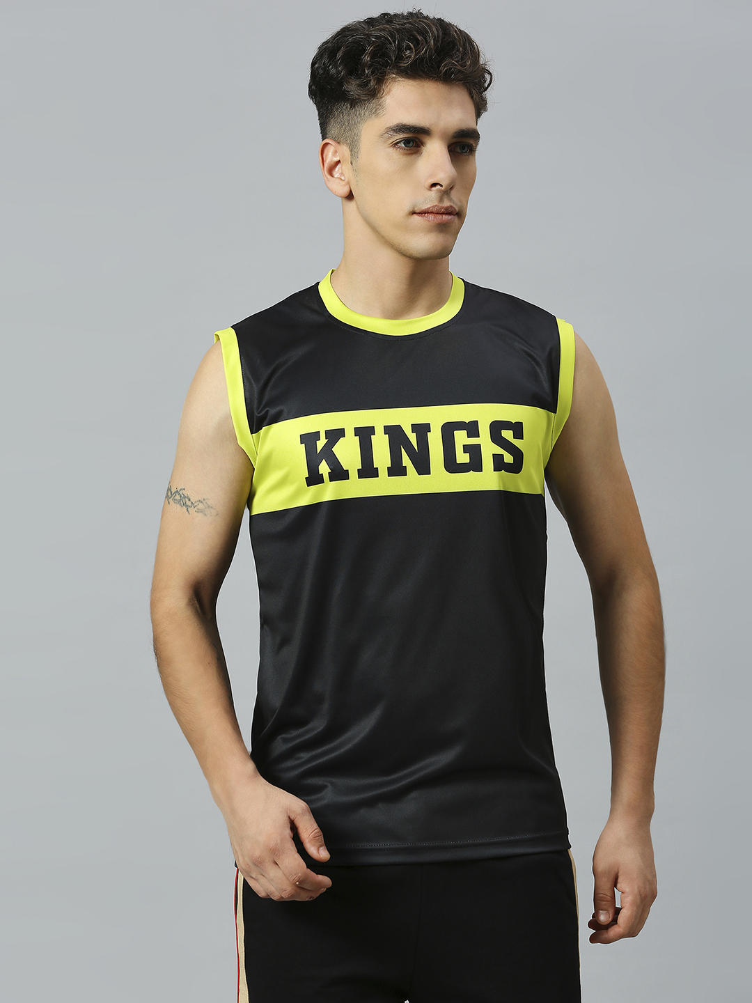 Men Black and Green Typography Printed Sleeveless Round Neck Cotton Sports Vest