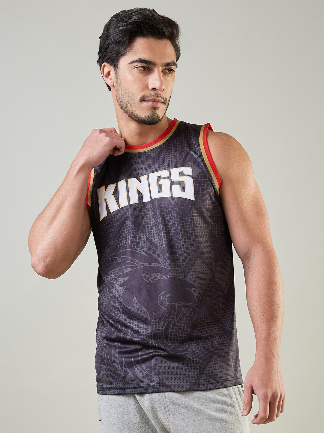 Men Black and Red Printed Round Neck Sleeveless Polyester Vest