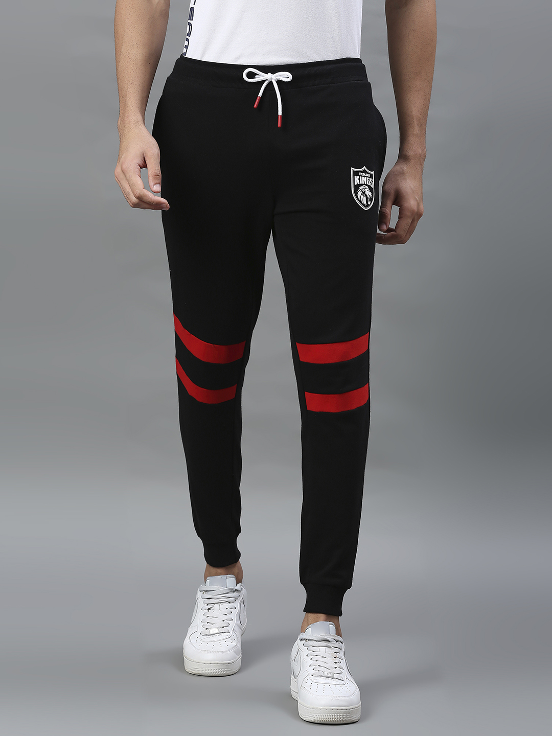 Punjab Kings Men Black and Red Striped Mid-Rise Cotton Training Regular Fit Joggers (1)
