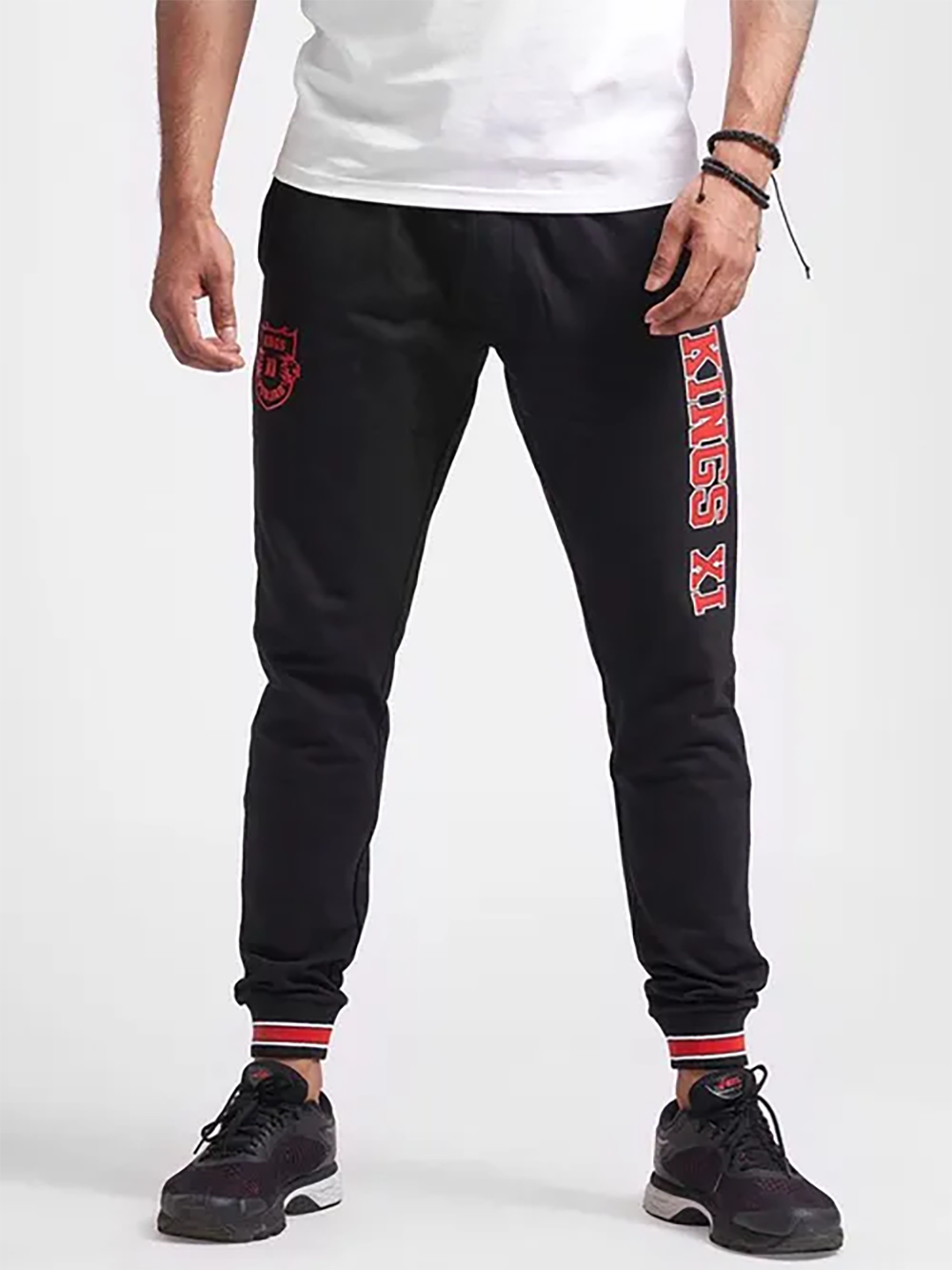 Punjab Kings Men Black and Red Typography Printed Mid-Rise Cotton Training Regular Fit Joggers (1)