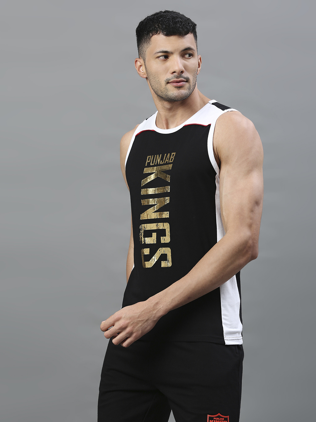 Punjab Kings Men Black and White Graphic Printed Sleeveless Round Neck Sports Vest (4)