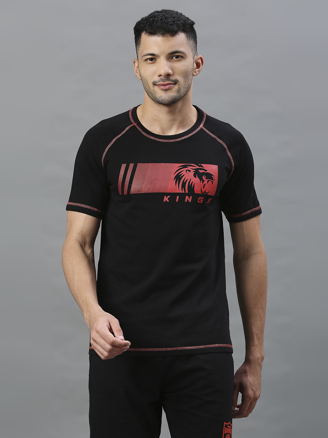 Punjab Kings Men Black Graphic Printed Half Sleeves Round Neck Cotton T-Shirt (1)