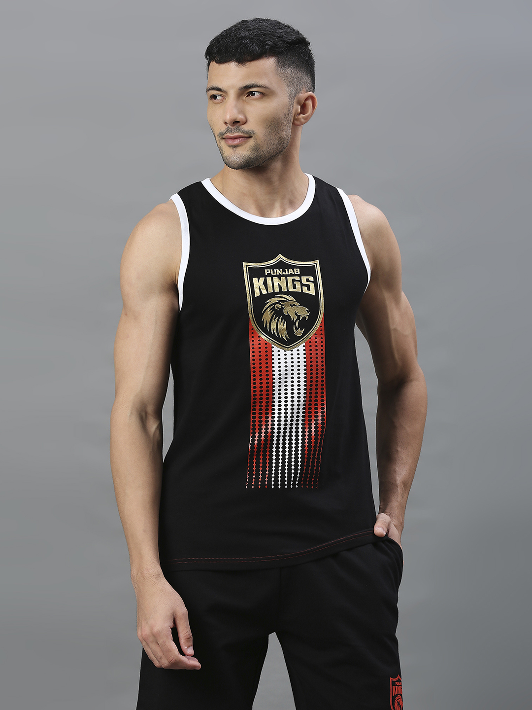Punjab Kings Men Black Graphic Printed Sleeveless Round Neck Sports Vest (1)