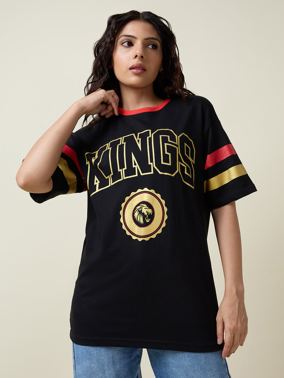 Punjab Kings Unisex Black Typography Printed Half Sleeves Round Neck Oversized Cotton T-Shirt (4)