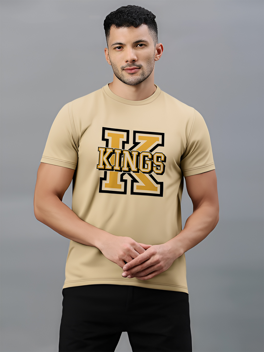 Punjab Kings Men Gold Graphic Printed Half Sleeves Round Neck Cotton T-Shirt