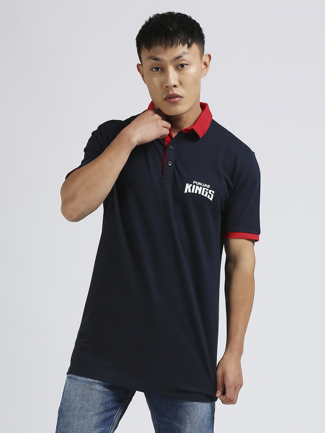Punjab Kings Men Navy Blue and Red Solid Half Sleeves Polo Collar Cotton T-Shirt
