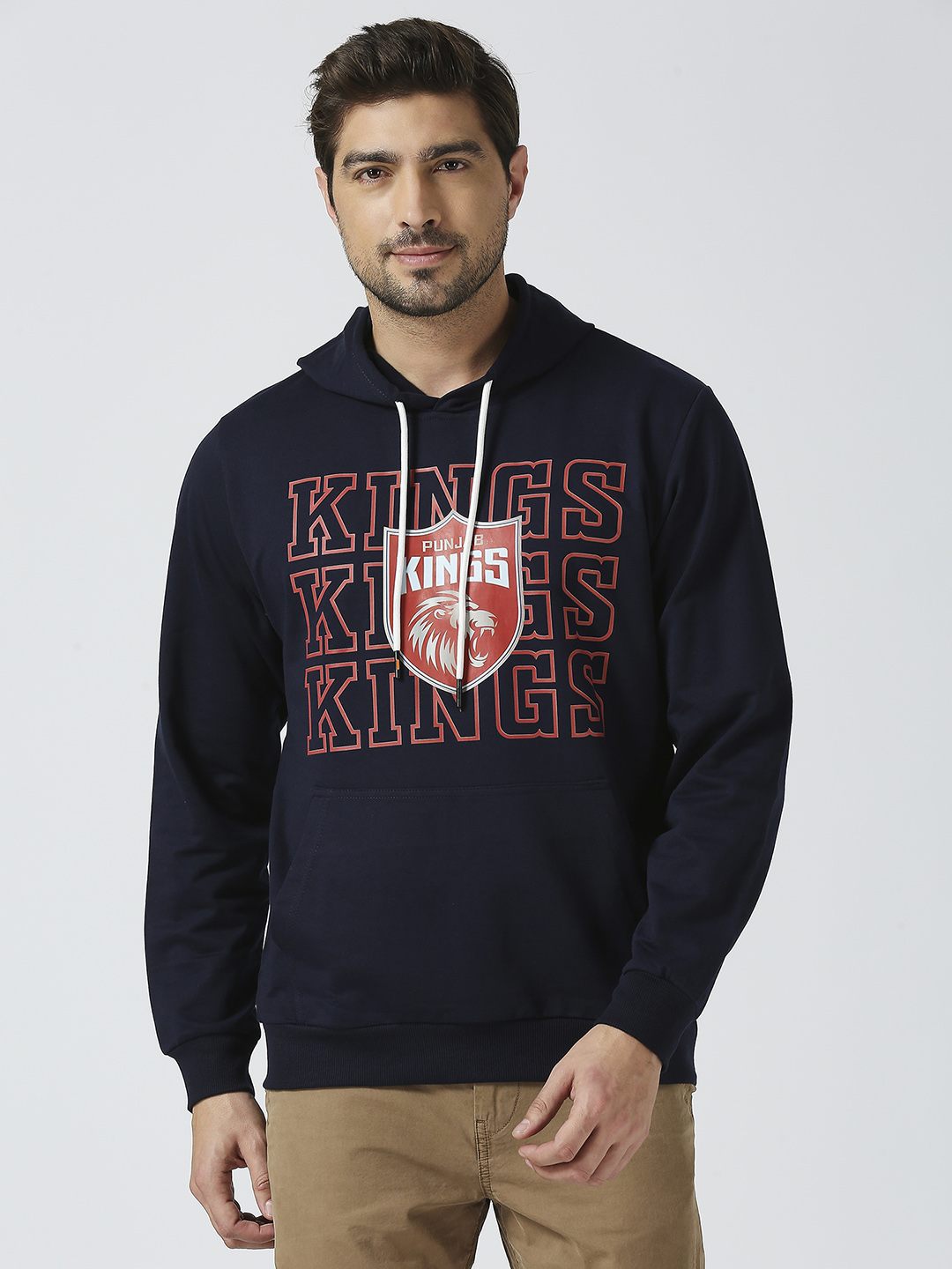 Punjab Kings Men Navy Blue Typography Printed Full Sleeves Hooded Pullover Cotton Sweatshirt (1)