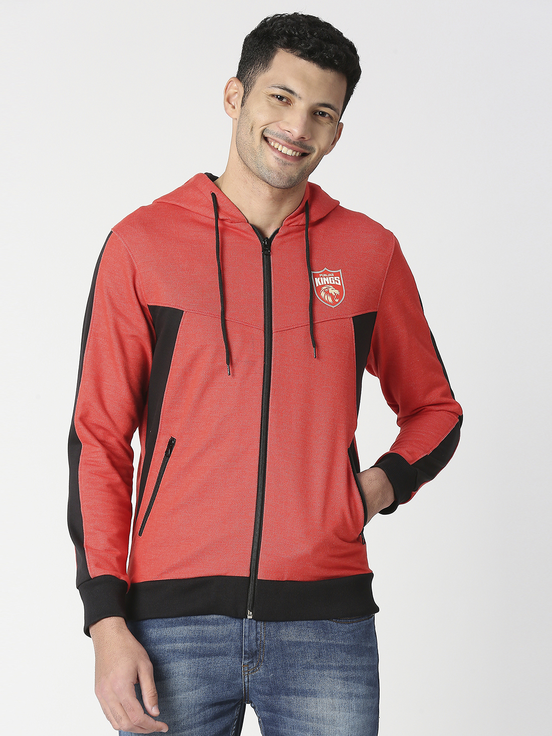Punjab Kings Men Red and Black Colourbloacked Full Sleeves Hooded Pullover Sweatshirt (1)