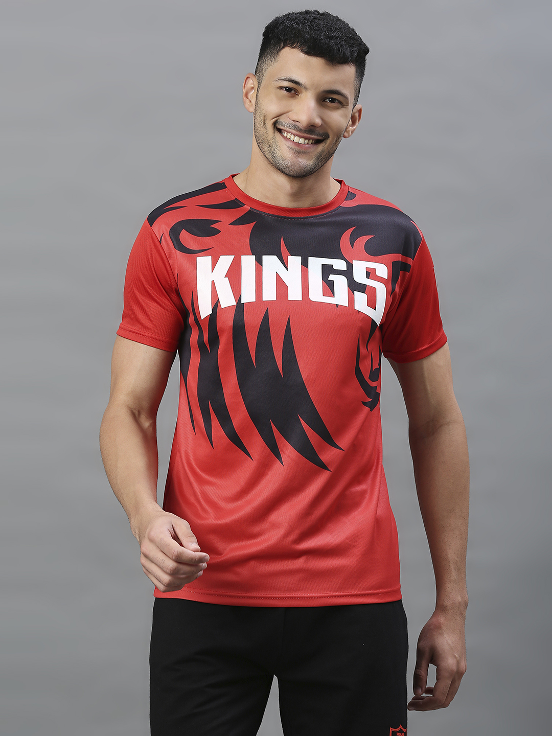 Men Red and Black Typography Print Half Sleeves Round Neck Polyester T-Shirt