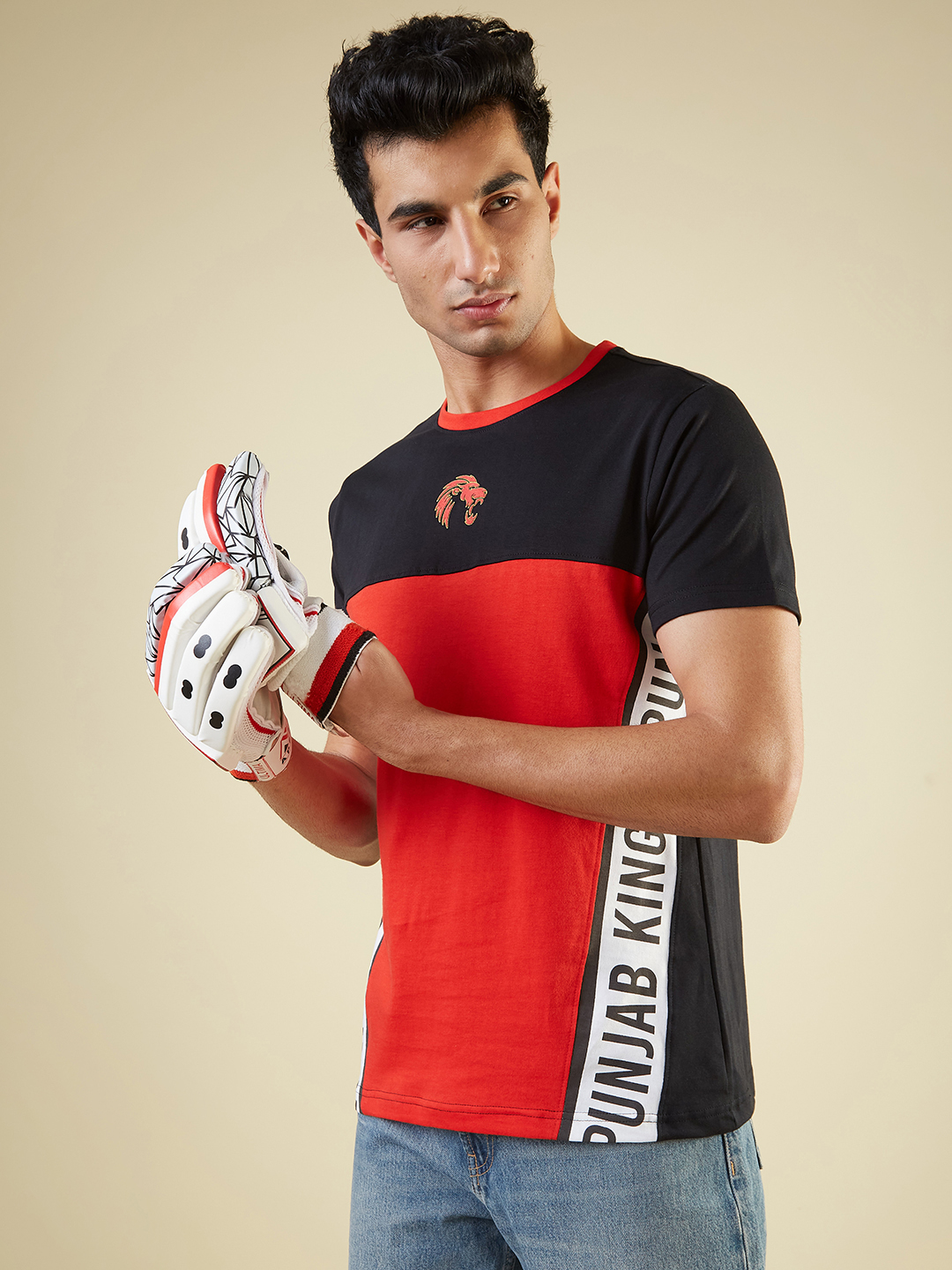 Men Red and Black Typography Printed Half Sleeves Round Neck Oversized Cotton T-Shirt