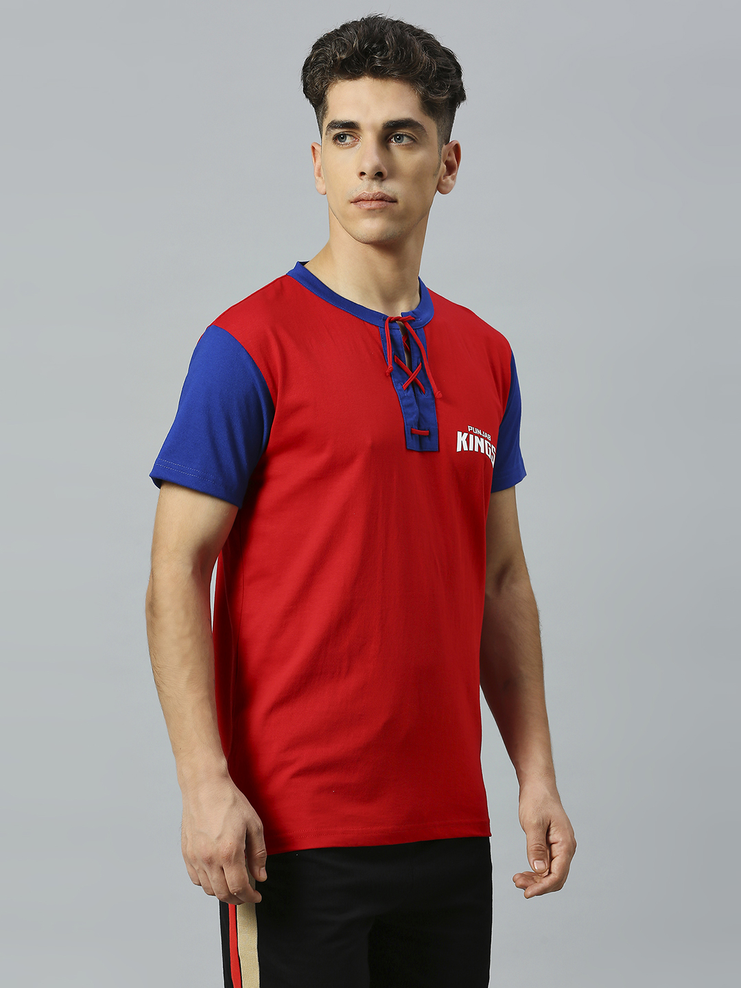 Punjab Kings Men Red and Blue Colourblocked Half Sleeves Henley Neck Cotton T-Shirt (3)