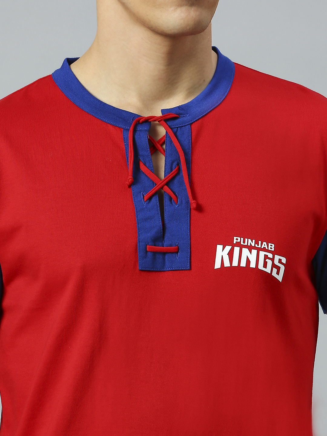 Punjab Kings Men Red and Blue Colourblocked Half Sleeves Henley Neck Cotton T-Shirt (5)