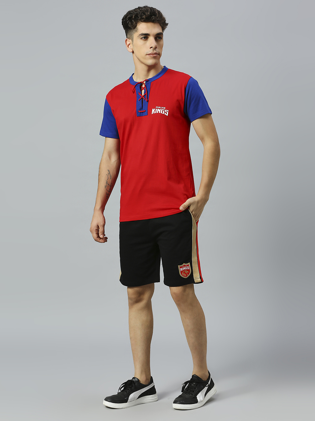 Punjab Kings Men Red and Blue Colourblocked Half Sleeves Henley Neck Cotton T-Shirt (6)