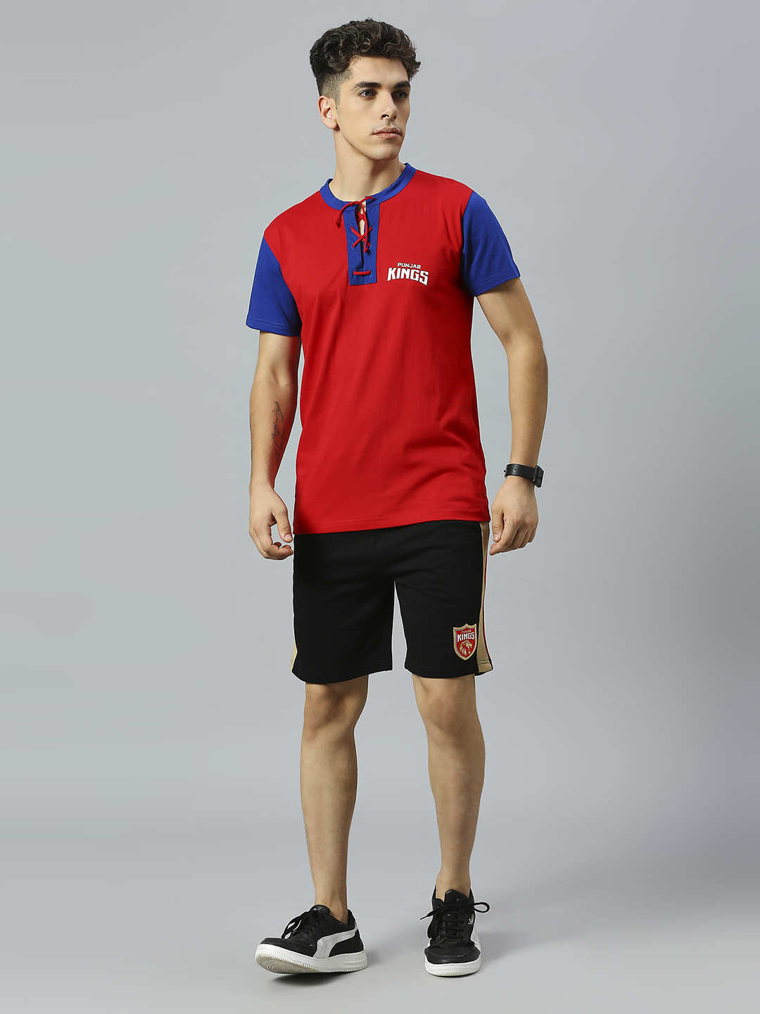Punjab Kings Men Red and Blue Colourblocked Half Sleeves Henley Neck Cotton T-Shirt (7)