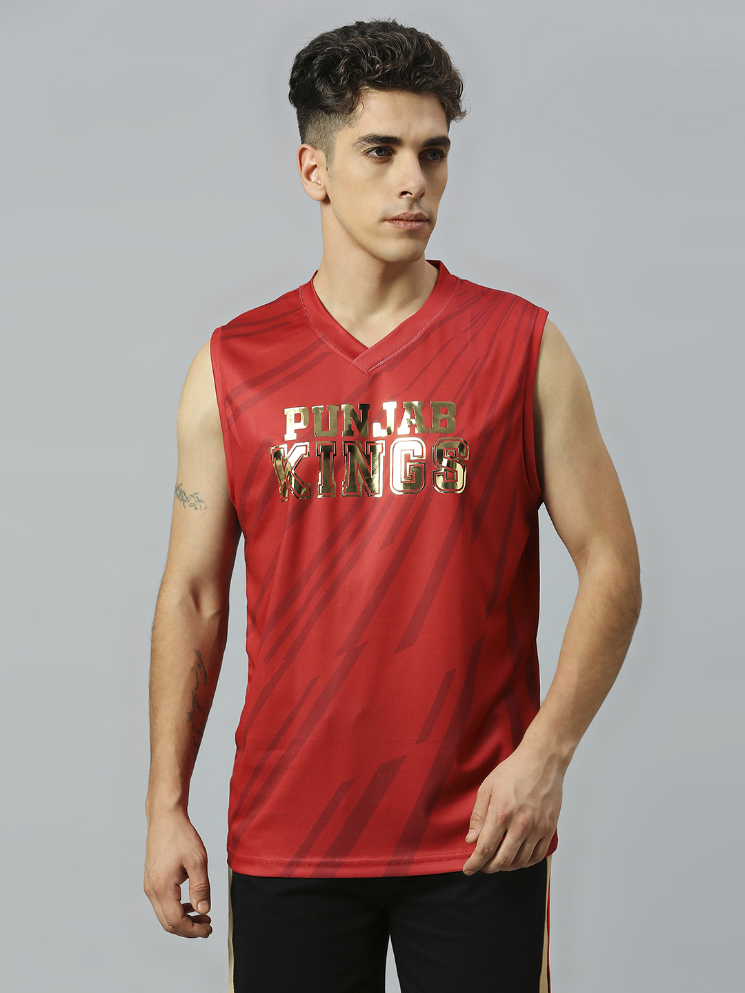 Men Red and Gold Logo Printed Sleeveless Round Neck Polyester Sports Vest