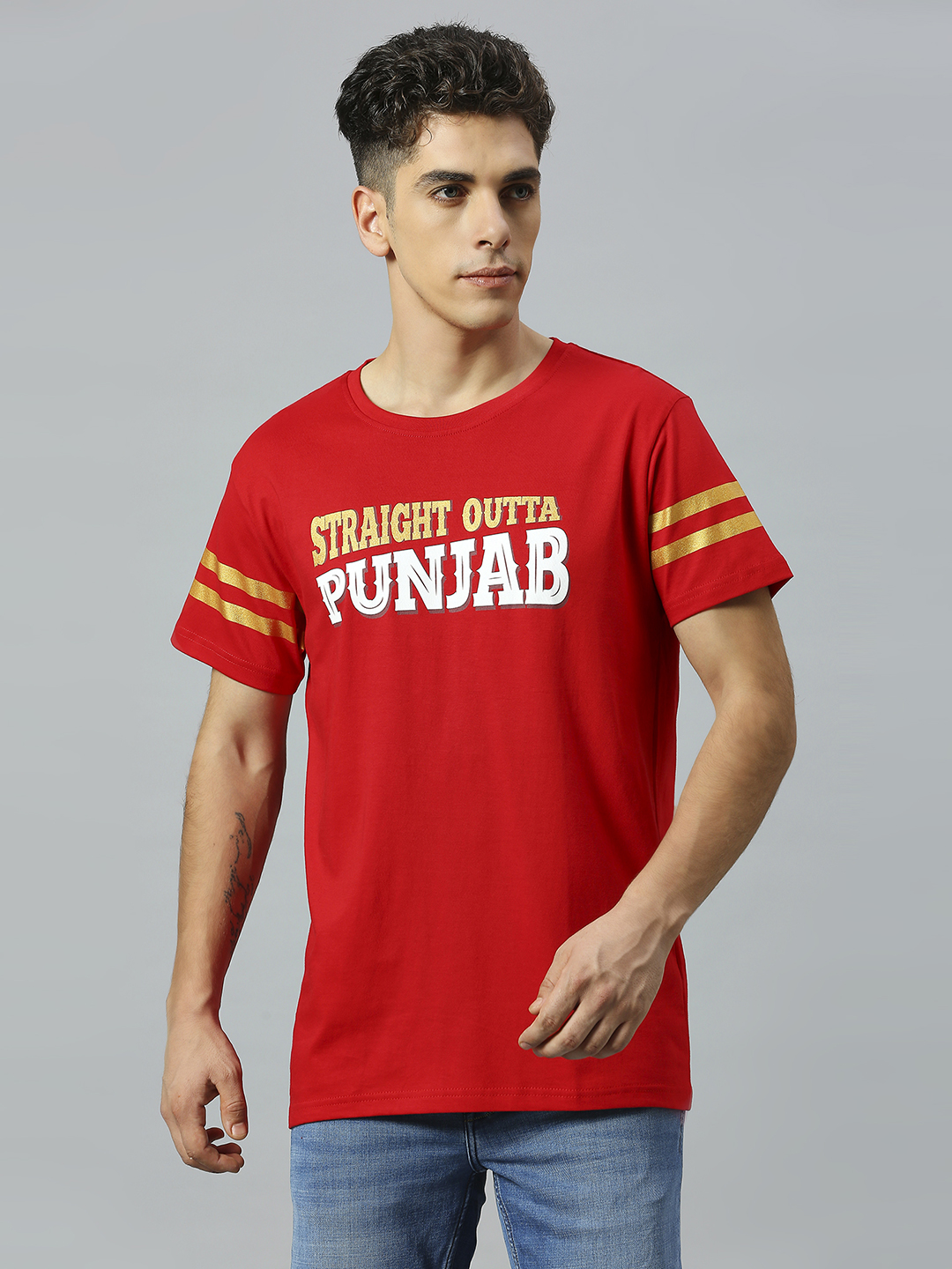 Men Red and Gold Typography Printed Half Sleeves Round Neck Cotton T-Shirt