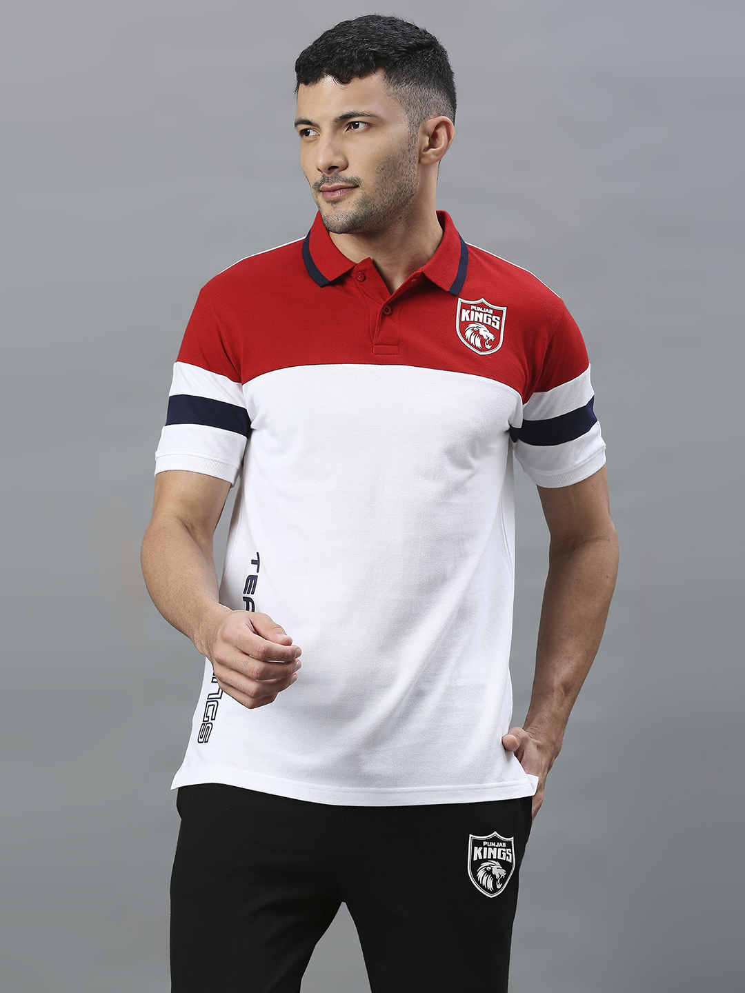Punjab Kings Men Red and White Colourblocked Half Sleeves Polo Collar Cotton T-Shirt (1)