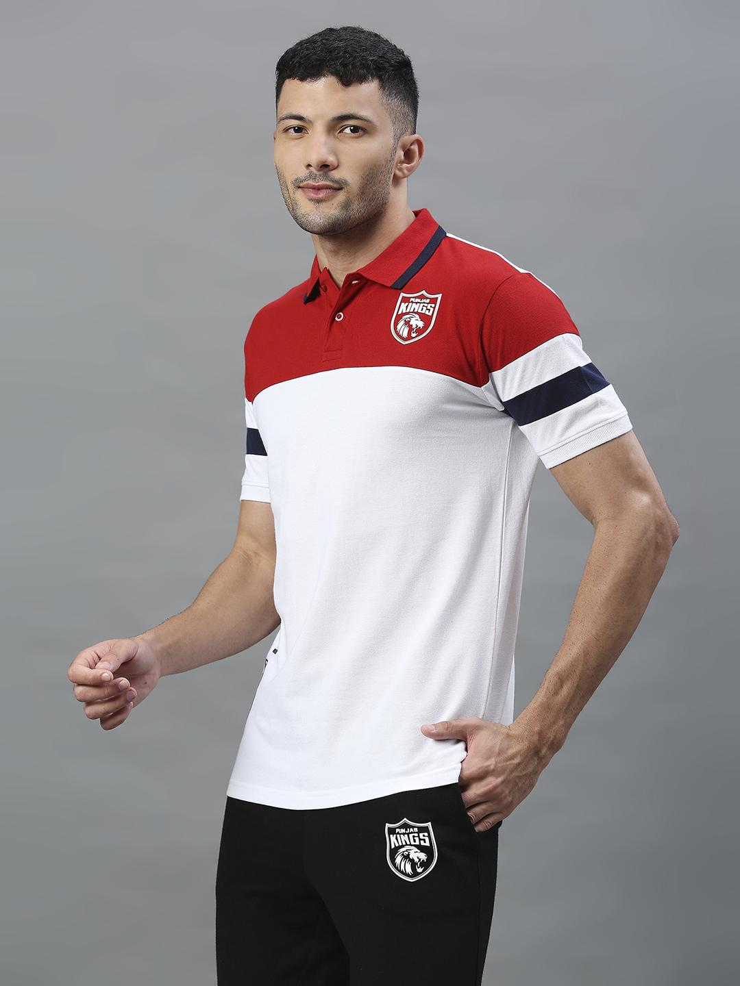 Punjab Kings Men Red and White Colourblocked Half Sleeves Polo Collar Cotton T-Shirt (4)