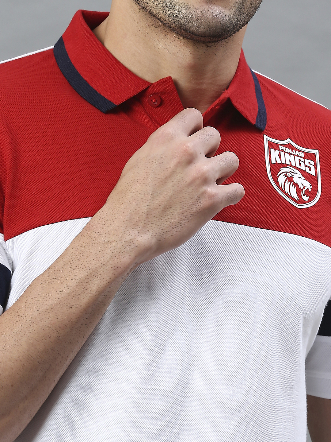 Punjab Kings Men Red and White Colourblocked Half Sleeves Polo Collar Cotton T-Shirt (6)