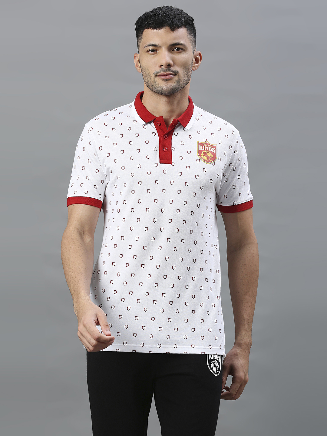 Men White All Over Print Half Sleeves Polo Collar Cotton T=Shirt