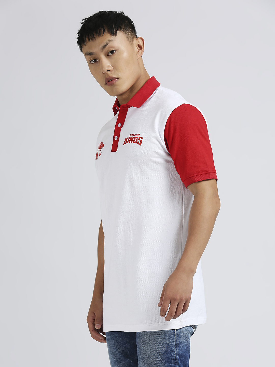 Punjab Kings Men White and Red Colourblocked Half Sleeves Polo Collar Cotton T-Shirt (2)