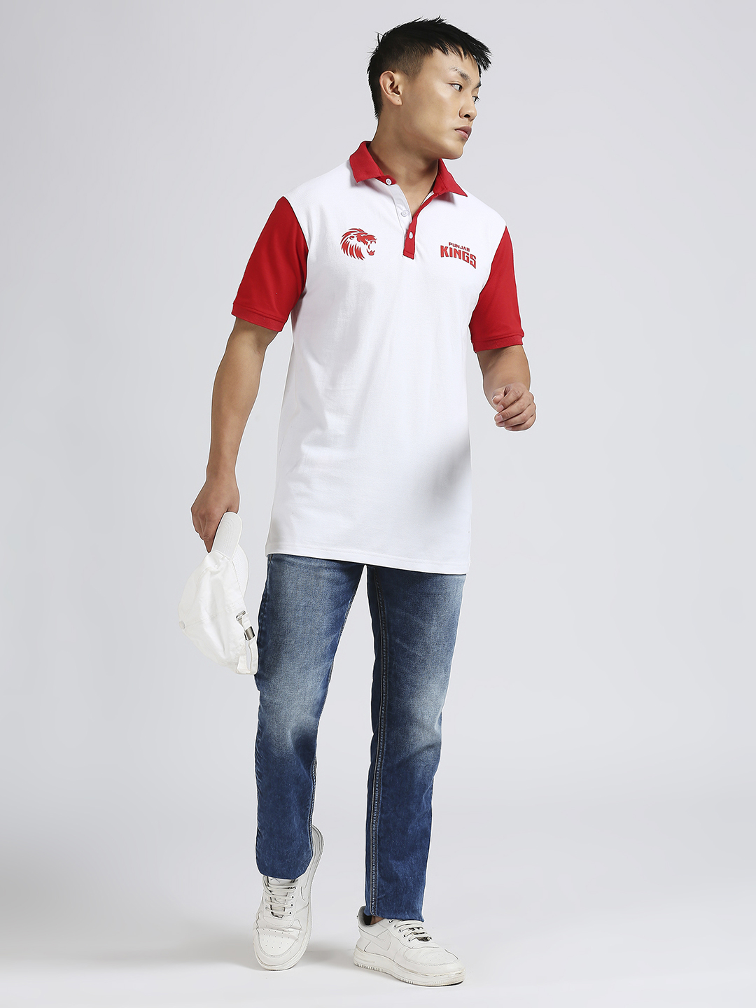 Punjab Kings Men White and Red Colourblocked Half Sleeves Polo Collar Cotton T-Shirt (6)