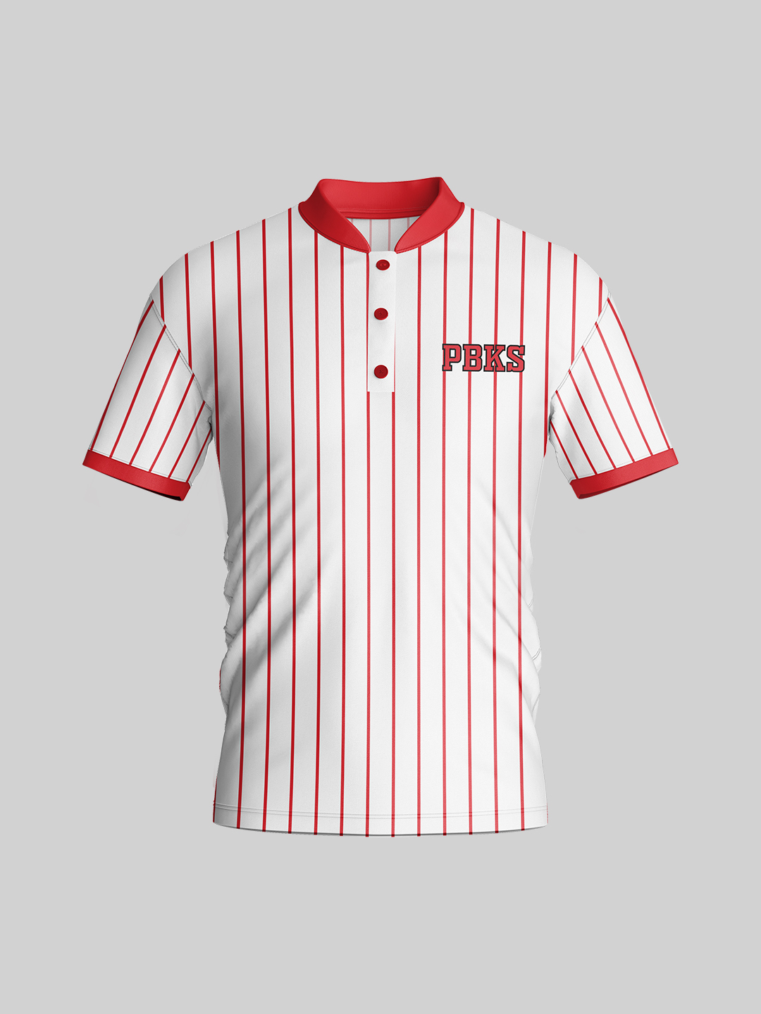 Men White and Red Striped Half Sleeves Mandarin Collar Cotton Baseball T-Shirt