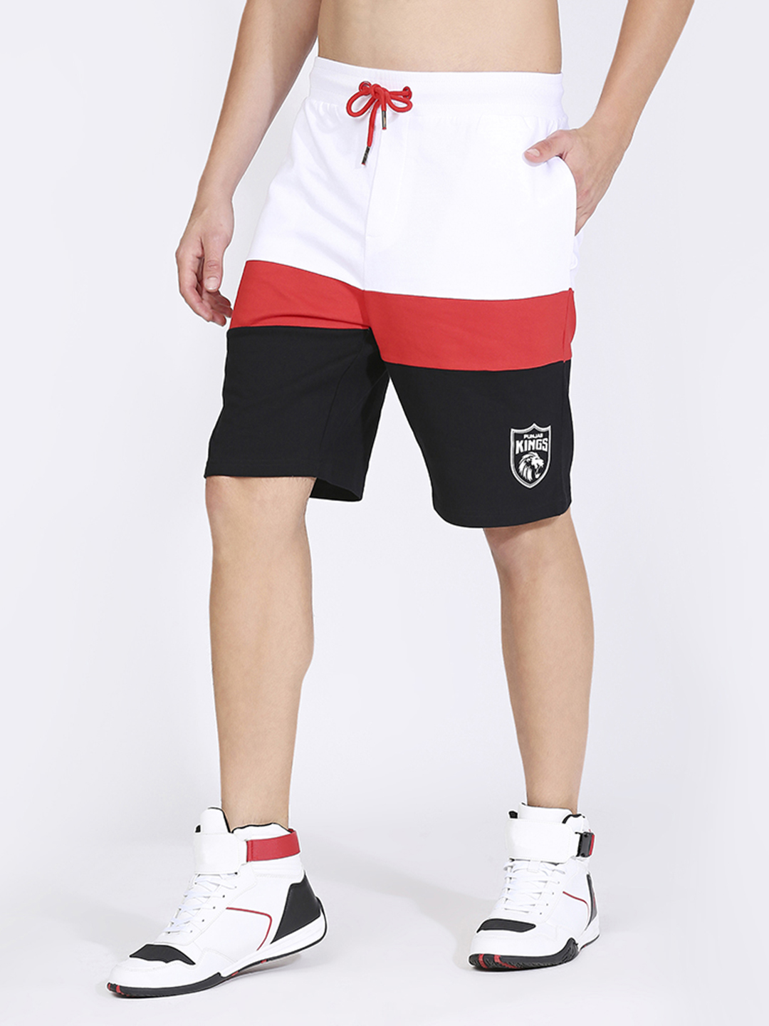 Punjab Kings Men White, Red and Black Colourblocked Mid-Rise Cotton Sports Shorts (1)