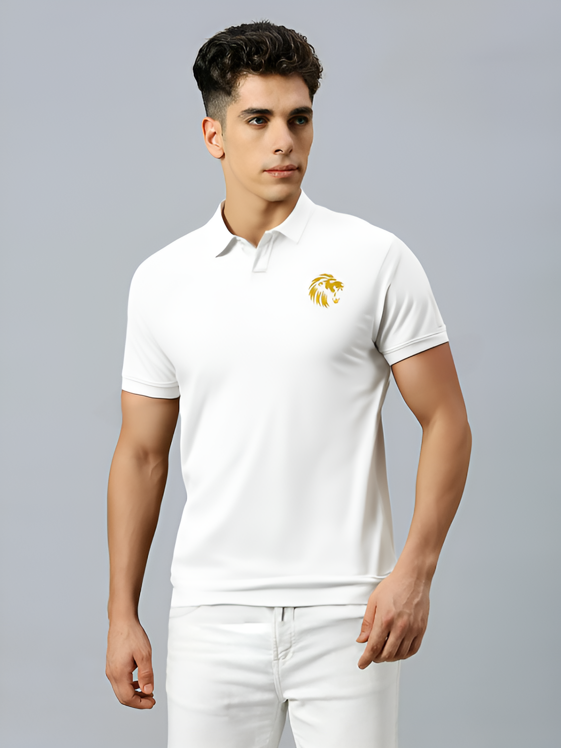 Men White Solid Half Sleeves Polo Collar Cotton T-Shirt