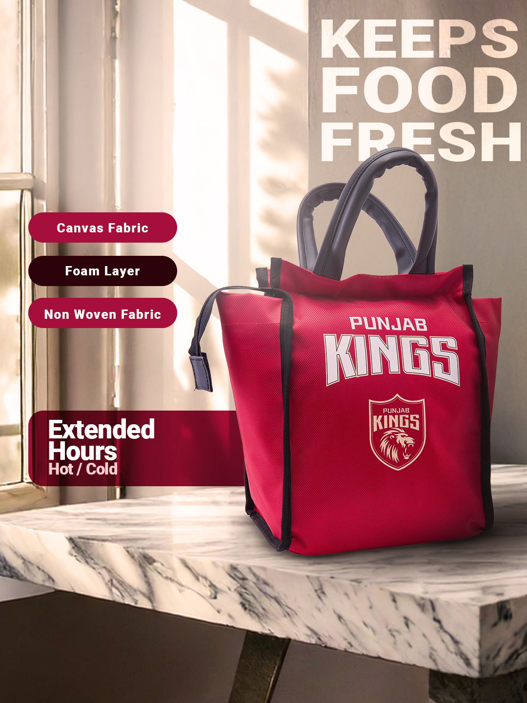Punjab Kings Insulated Red Lunch Bag for Men and Women with Canvas Fabric Zip Closure Multipurpose Bag (7)