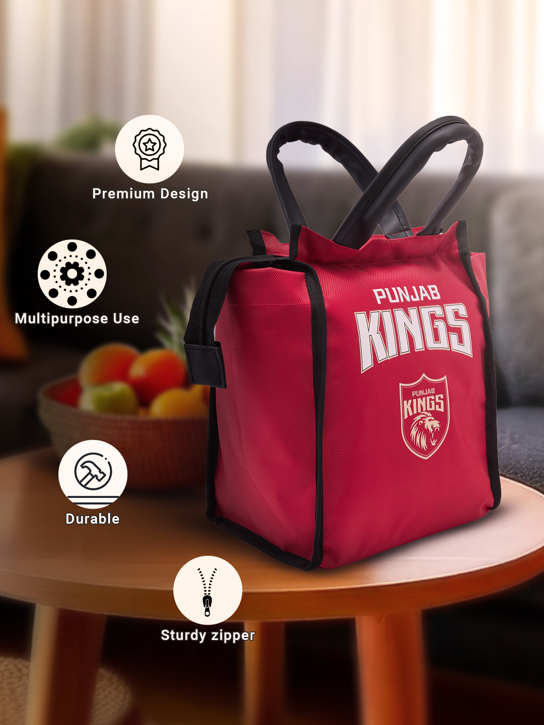 Punjab Kings Insulated Red Lunch Bag for Men and Women with Canvas Fabric Zip Closure Multipurpose Bag (6)