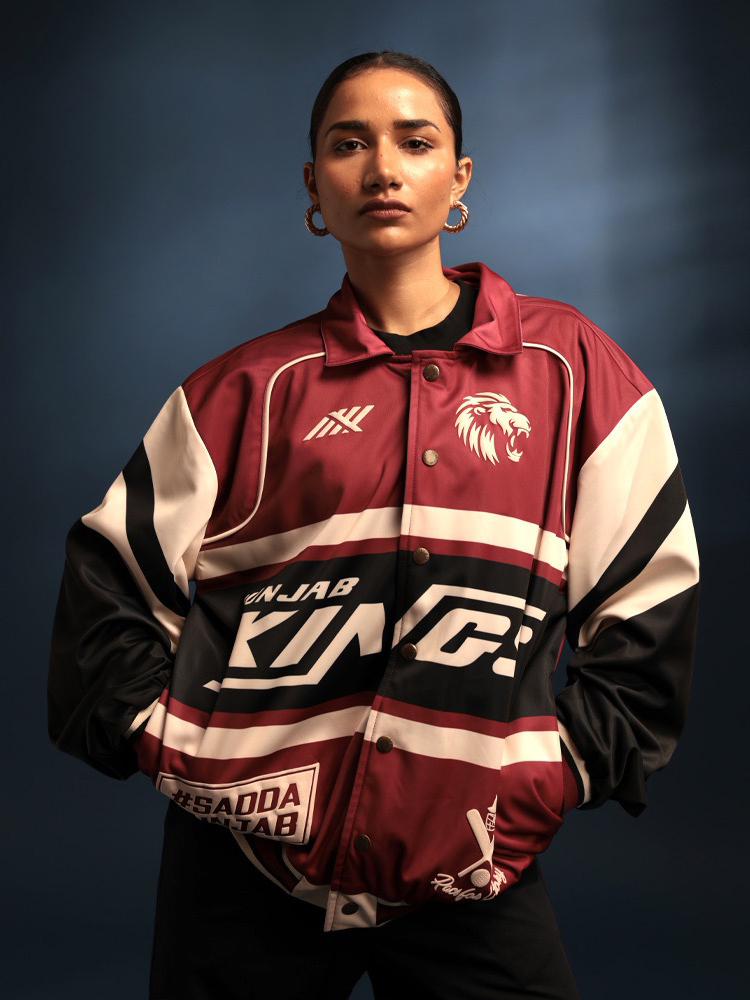 Punjab Kings Unisex Red Graphic Printed Full Sleeves Oversized Varsity Racer Jacket (4)