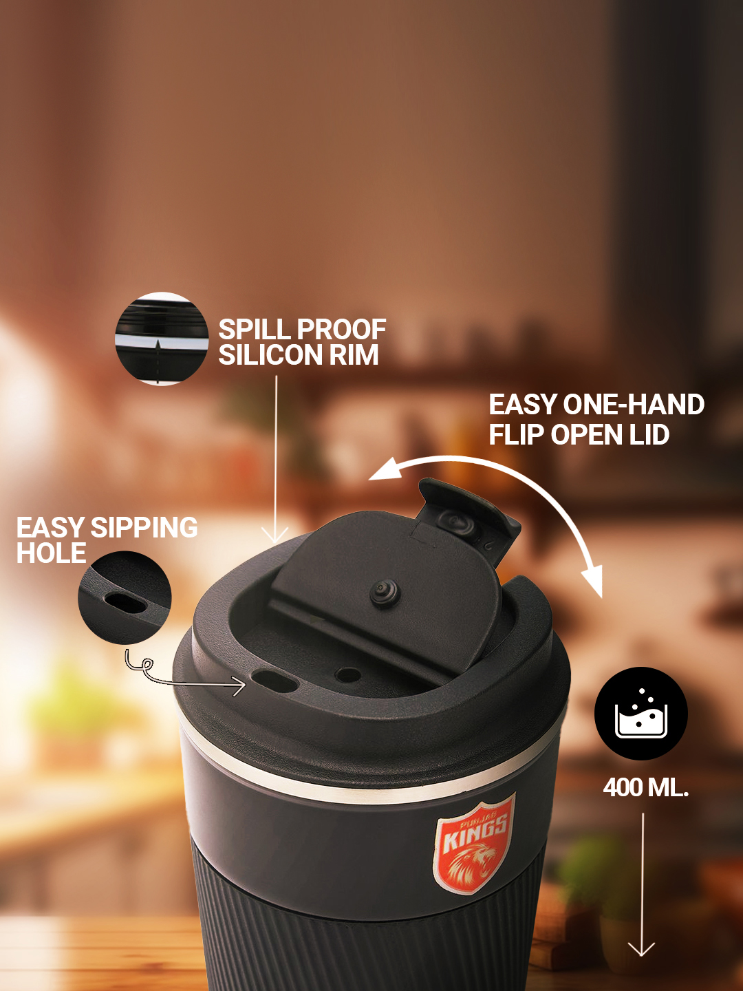 Punjab Kings Vacuum Insulated Double-Walled with Spill Proof Flip Top Stainless Steel Coffee Tumbler - 400 ML (4)