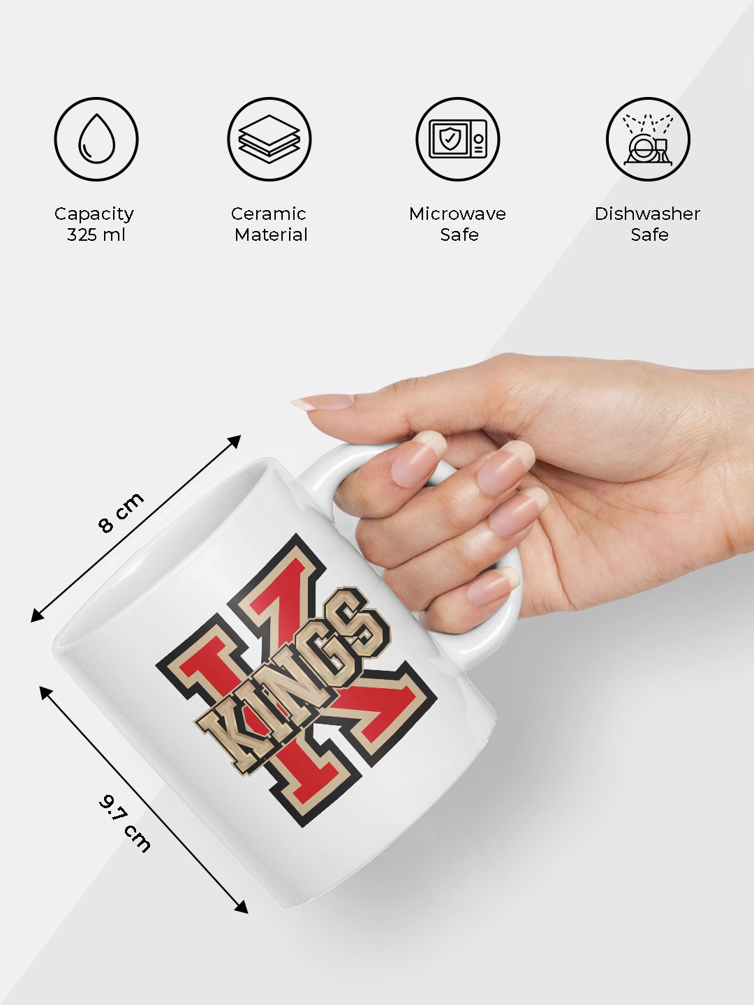 Punjab Kings Ceramic Glossy Printed Mug, Microwave and Dishwasher Safe, Tea and Coffee Mug - 325 ml (White/Red) - Pack o (7)