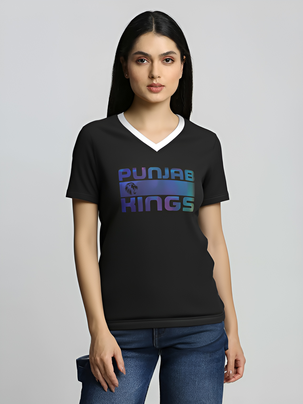 Punjab Kings Women Black Holographic Printec Half Sleeves V-Neck Cotton T-Shirt 