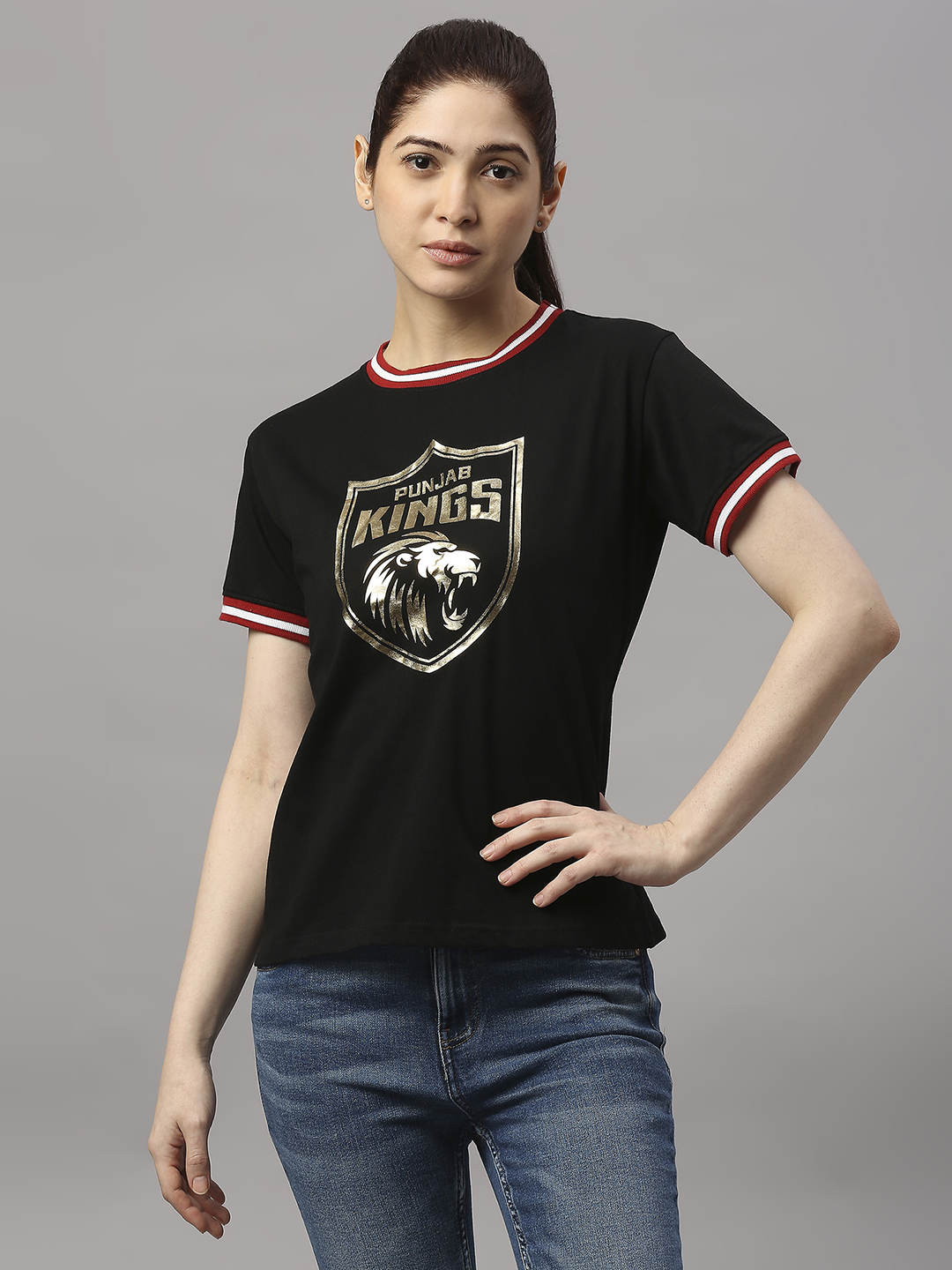 Punjab Kings Women Black Logo Printed Half Sleeves Round Neck Cotton T-Shirt (1)