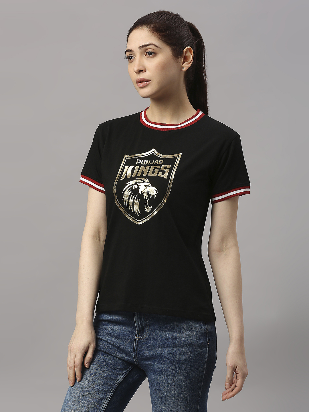 Punjab Kings Women Black Logo Printed Half Sleeves Round Neck Cotton T-Shirt (4)