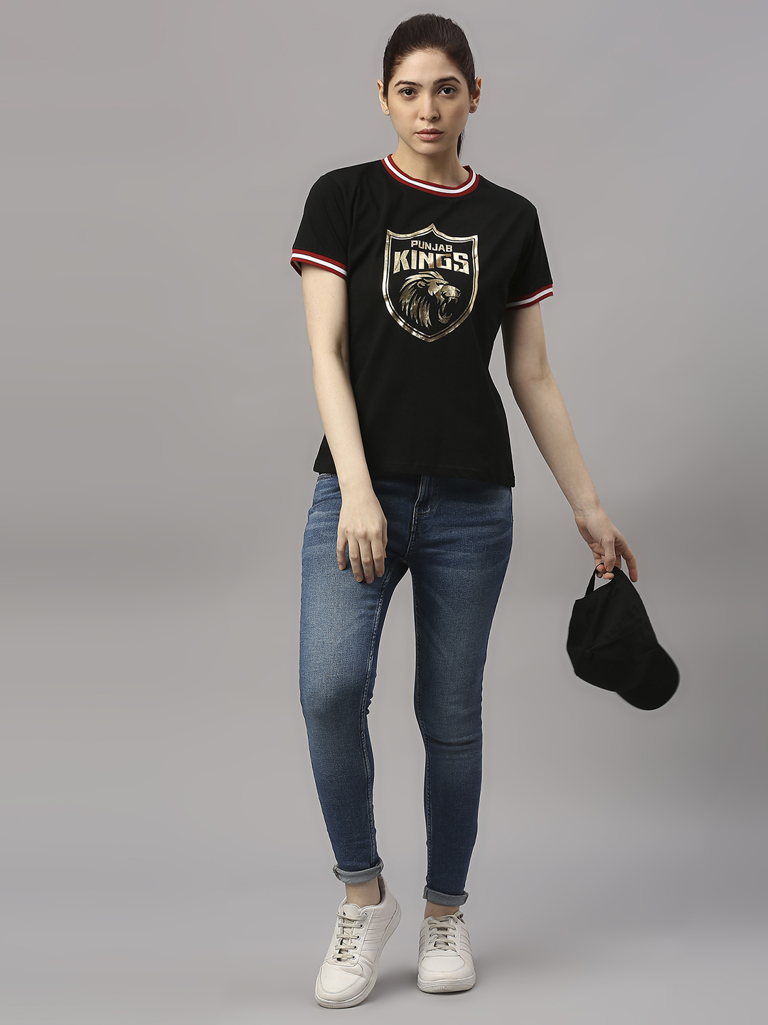 Punjab Kings Women Black Logo Printed Half Sleeves Round Neck Cotton T-Shirt (5)