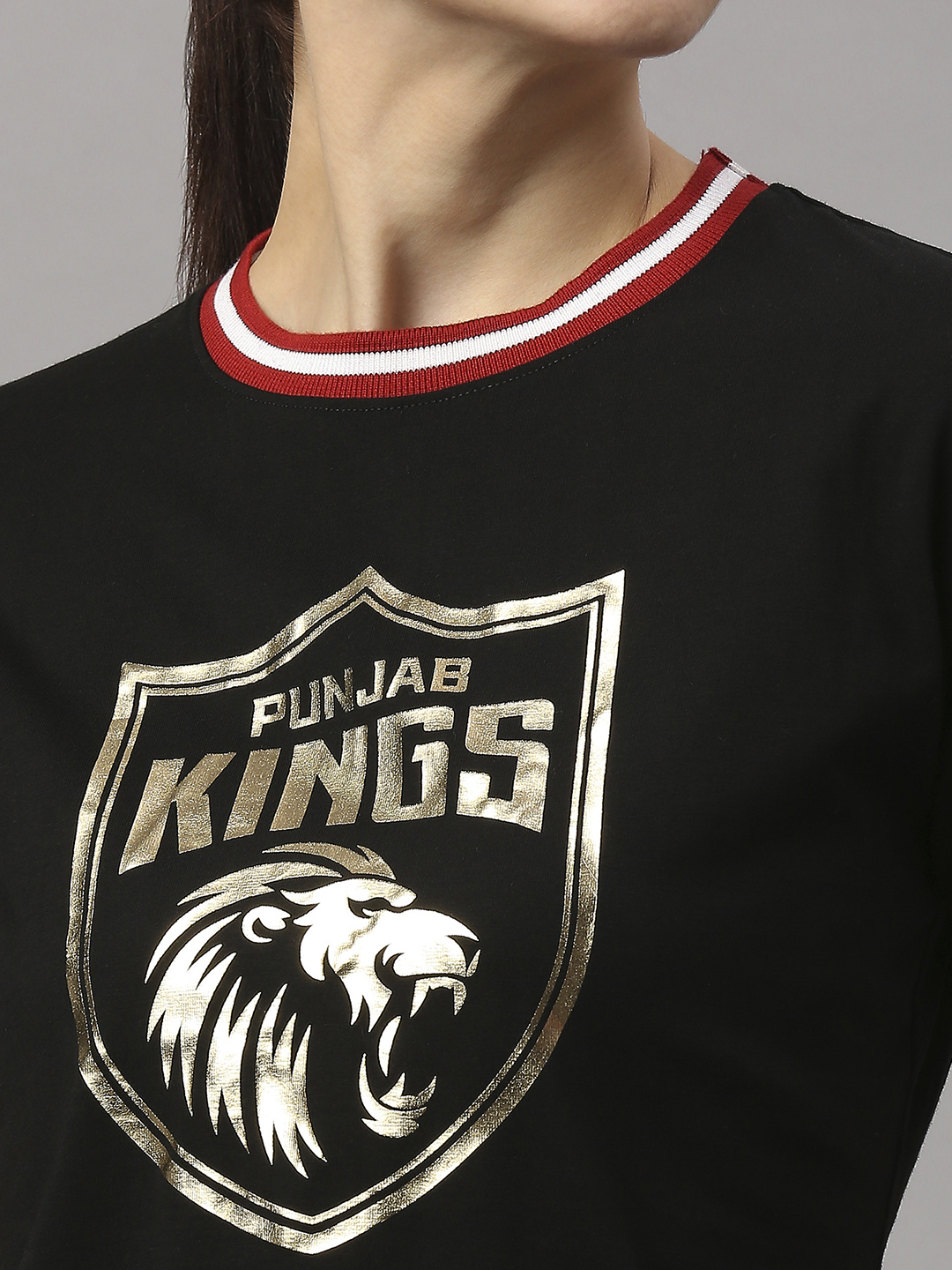 Punjab Kings Women Black Logo Printed Half Sleeves Round Neck Cotton T-Shirt (6)
