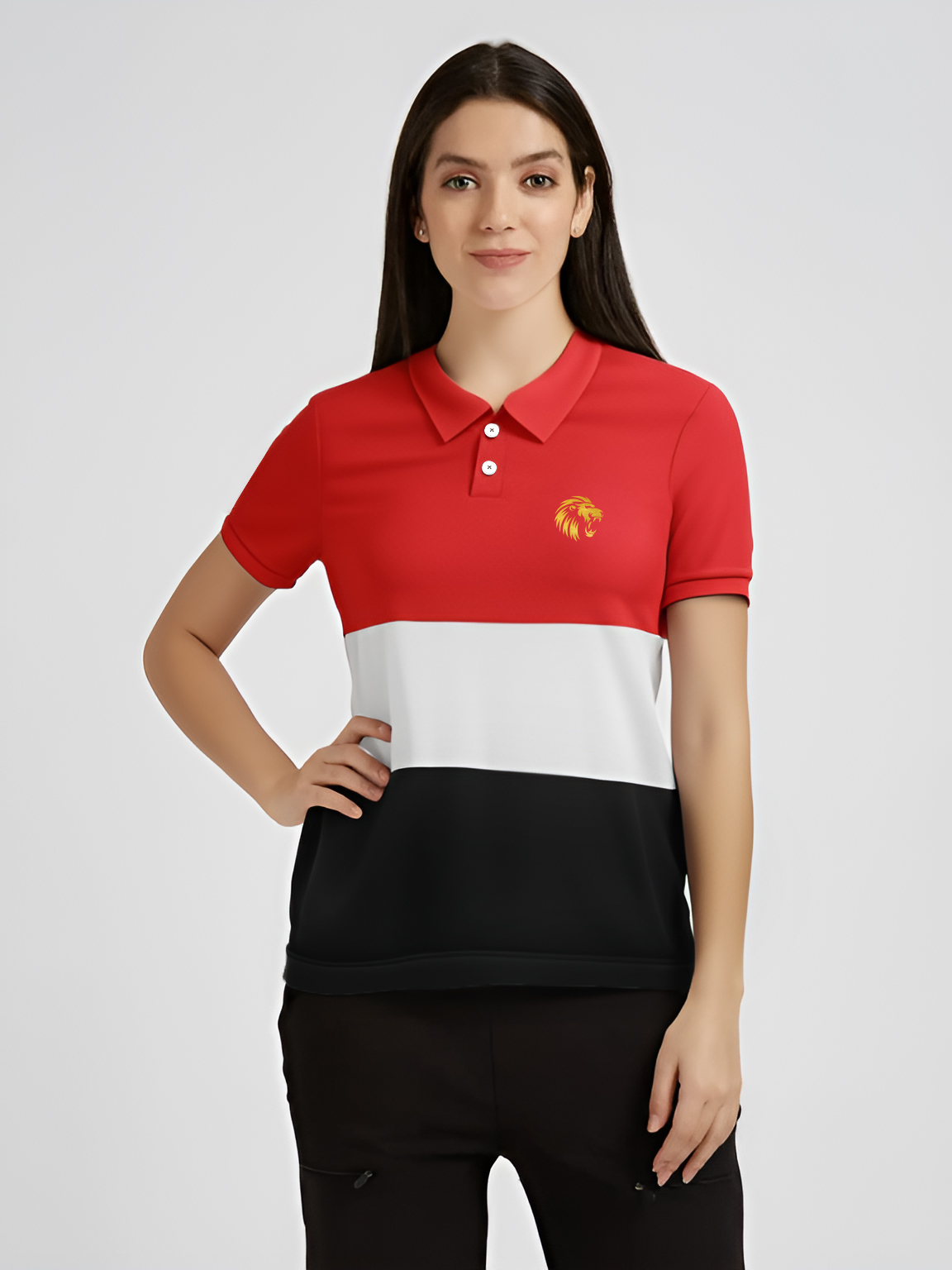 Women Colourblocked Half Sleeves Polo Collar Cotton T-Shirt