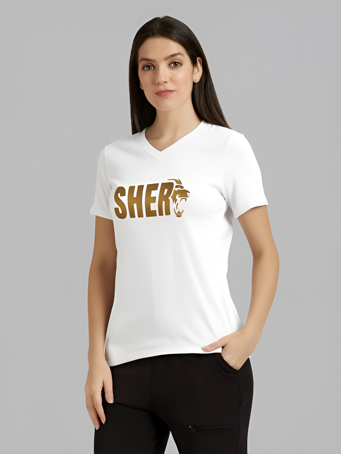 Punjab Kings Women White Graphic Printed Half Sleeves V-Neck Cotton T-Shirt