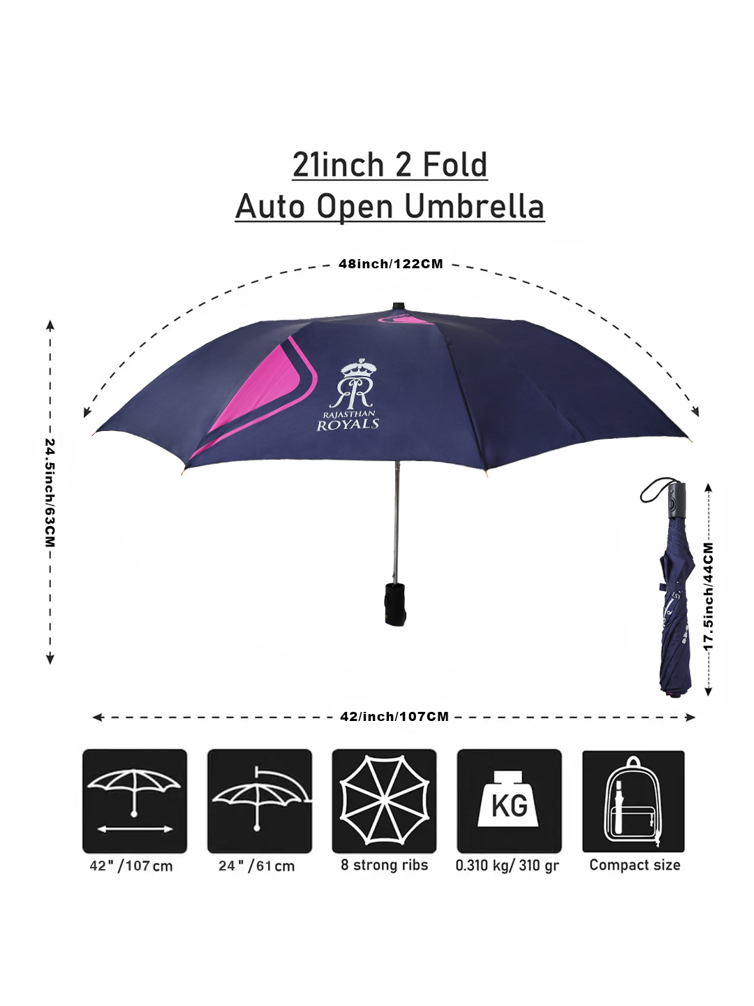 Rajasthan Royals 24.5 Inch 2-Fold Automatic Umbrella for Men and Women - Navy Blue/Pink (2)