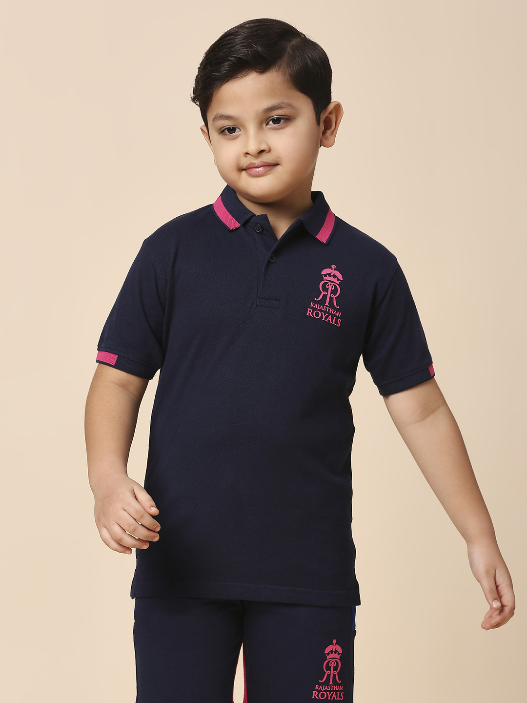 Rajasthan Royals Boys Navy Blue Solid Half Sleeves Polo Collar Cotton T-Shirt (1)