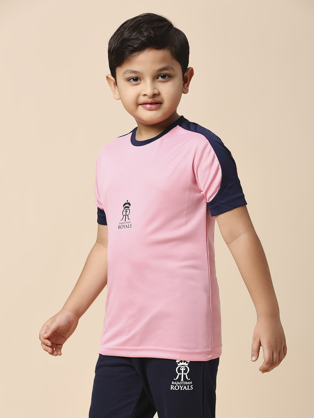 Rajasthan Royals Boys Pink and Navy Blue Colourblocked Half Sleeves Round Neck Fan T-Shirt (2)