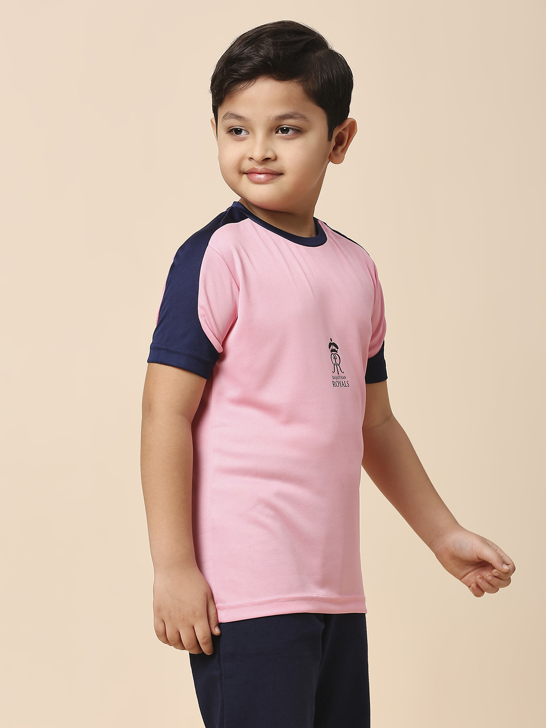 Rajasthan Royals Boys Pink and Navy Blue Colourblocked Half Sleeves Round Neck Fan T-Shirt (3)