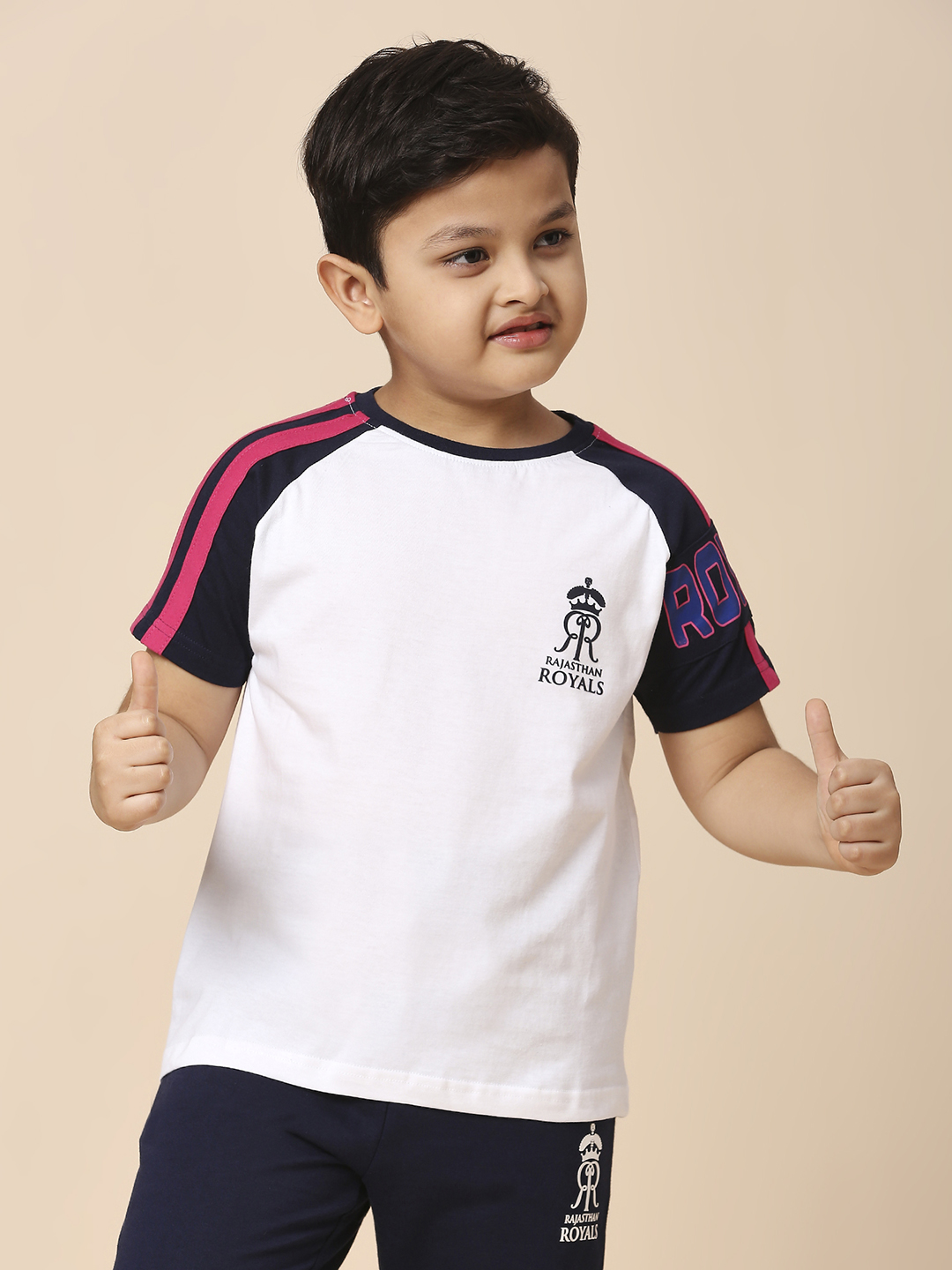 Rajasthan Royals Boys White and Navy Blue Colourblocked Half Sleeves Round Neck Cotton T-Shirt (1)