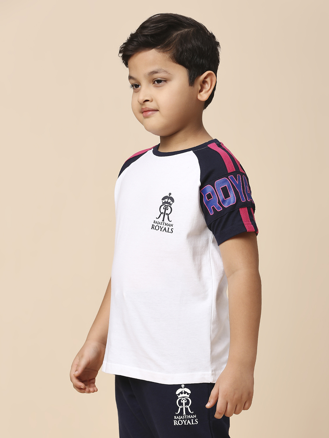Rajasthan Royals Boys White and Navy Blue Colourblocked Half Sleeves Round Neck Cotton T-Shirt (2)
