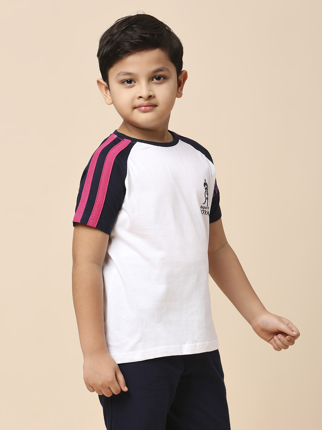 Rajasthan Royals Boys White and Navy Blue Colourblocked Half Sleeves Round Neck Cotton T-Shirt (3)