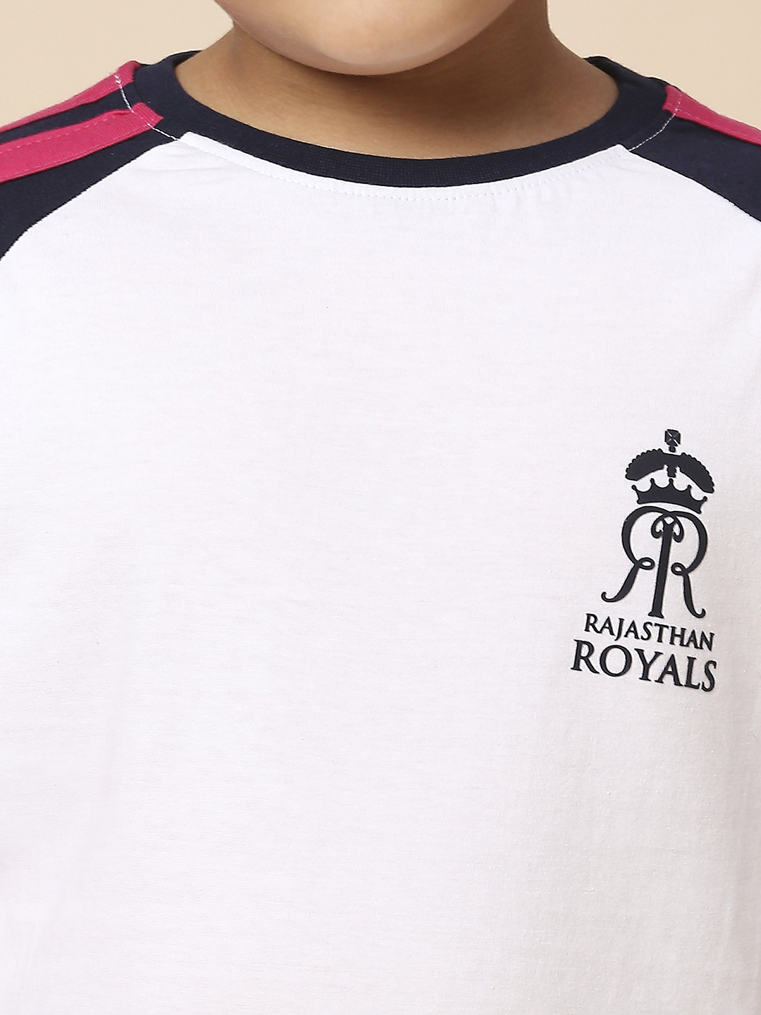Rajasthan Royals Boys White and Navy Blue Colourblocked Half Sleeves Round Neck Cotton T-Shirt (6)